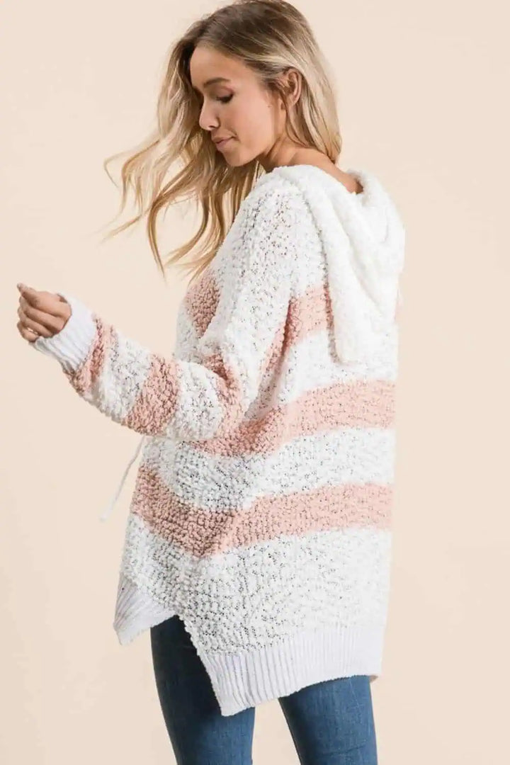 High-Low Striped Popcorn Hoodie Sweater Tops