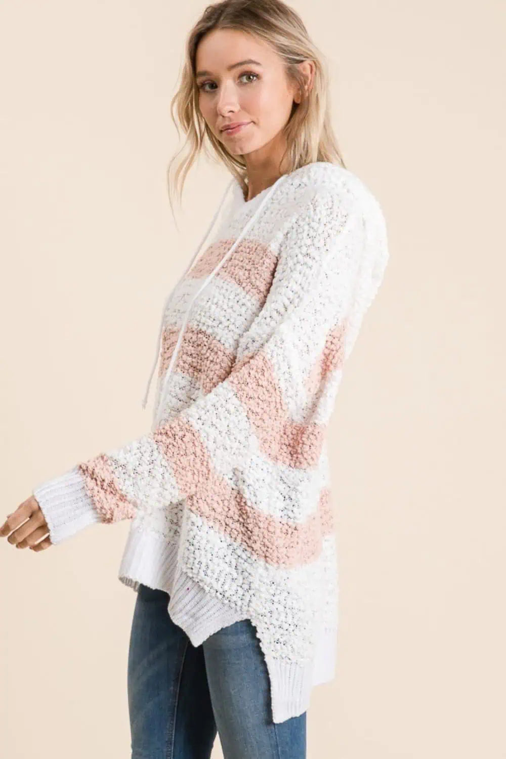 High-Low Striped Popcorn Hoodie Sweater Tops