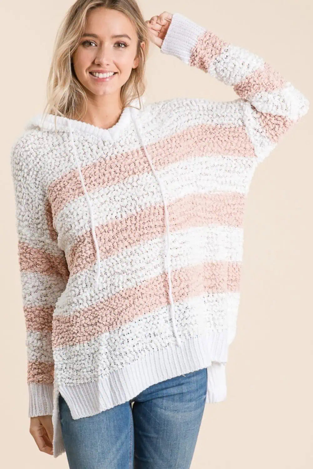 High-Low Striped Popcorn Hoodie Sweater Tops