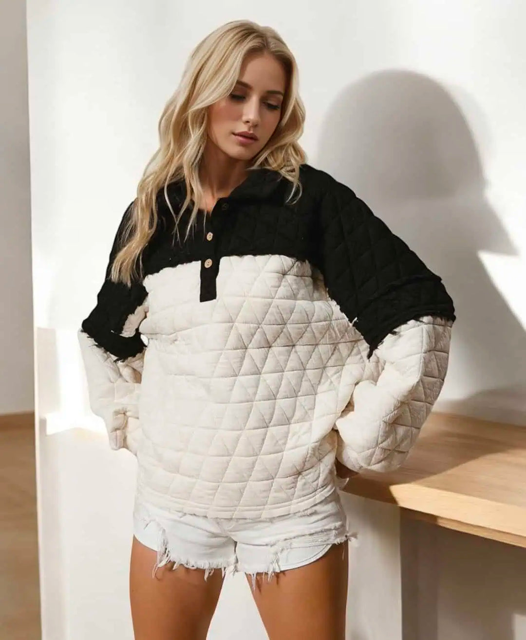 Quarter Button Contrast Long Sleeve Quilted Sweatshirt Tops