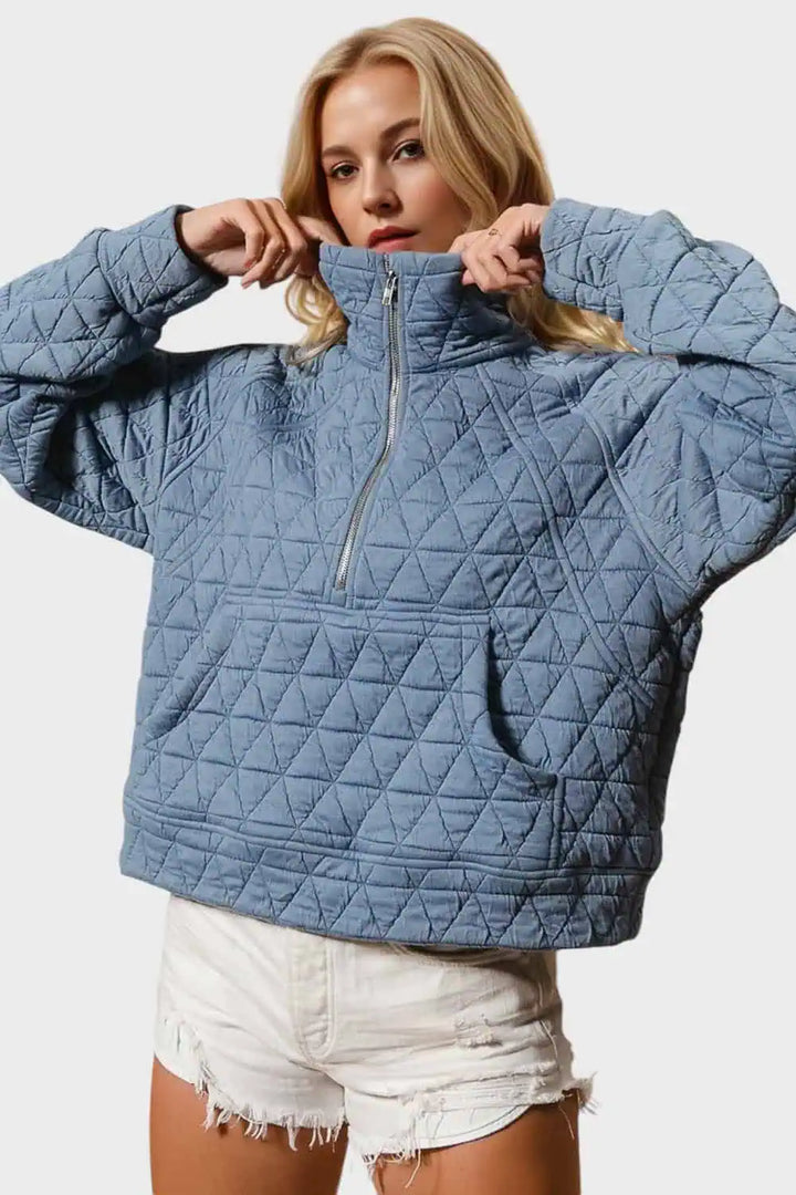 Half Zip Long Sleeve Quilted Sweatshirt with Pocket Tops