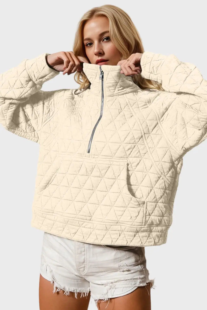 Half Zip Long Sleeve Quilted Sweatshirt with Pocket Tops