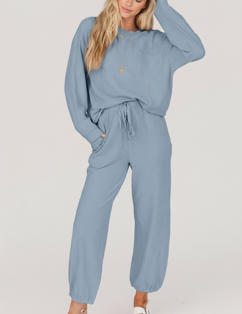 Ribbed Round Neck Sweatshirt and Drawstring Pants Set | Loungewear Sets Daverri Fashions