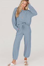 Ribbed Round Neck Sweatshirt and Drawstring Pants Set | Loungewear Sets Daverri Fashions
