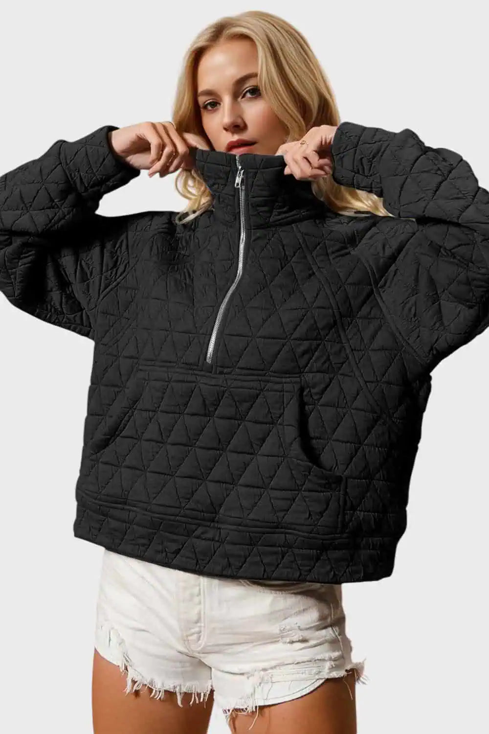 Half Zip Long Sleeve Quilted Sweatshirt with Pocket Tops