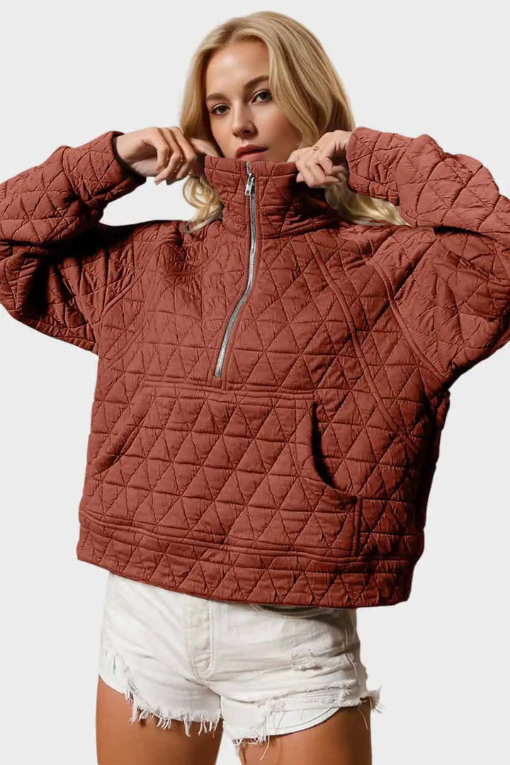 Half Zip Long Sleeve Quilted Sweatshirt with Pocket Tops