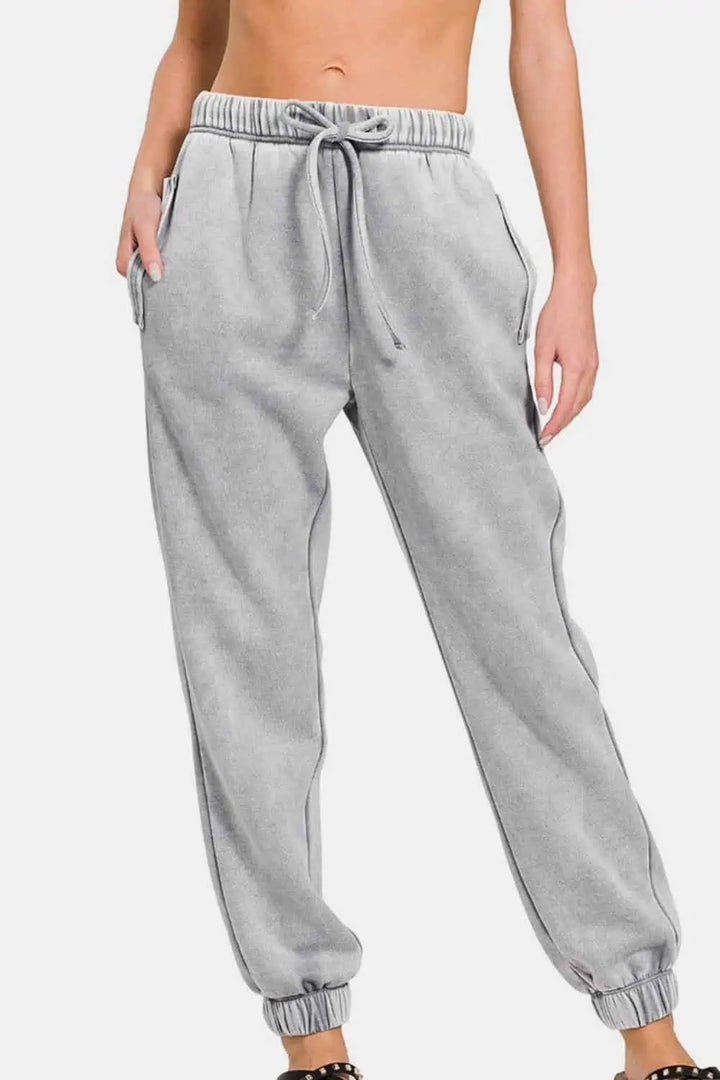 Acid Wash Fleece Drawstring Sweatpants with Pockets Bottoms