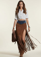 Denim Patchwork Fringe Maxi Skirt | Maxi Skirts Daverri Fashions