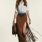 Denim Patchwork Fringe Maxi Skirt - DAVERRI FASHIONS