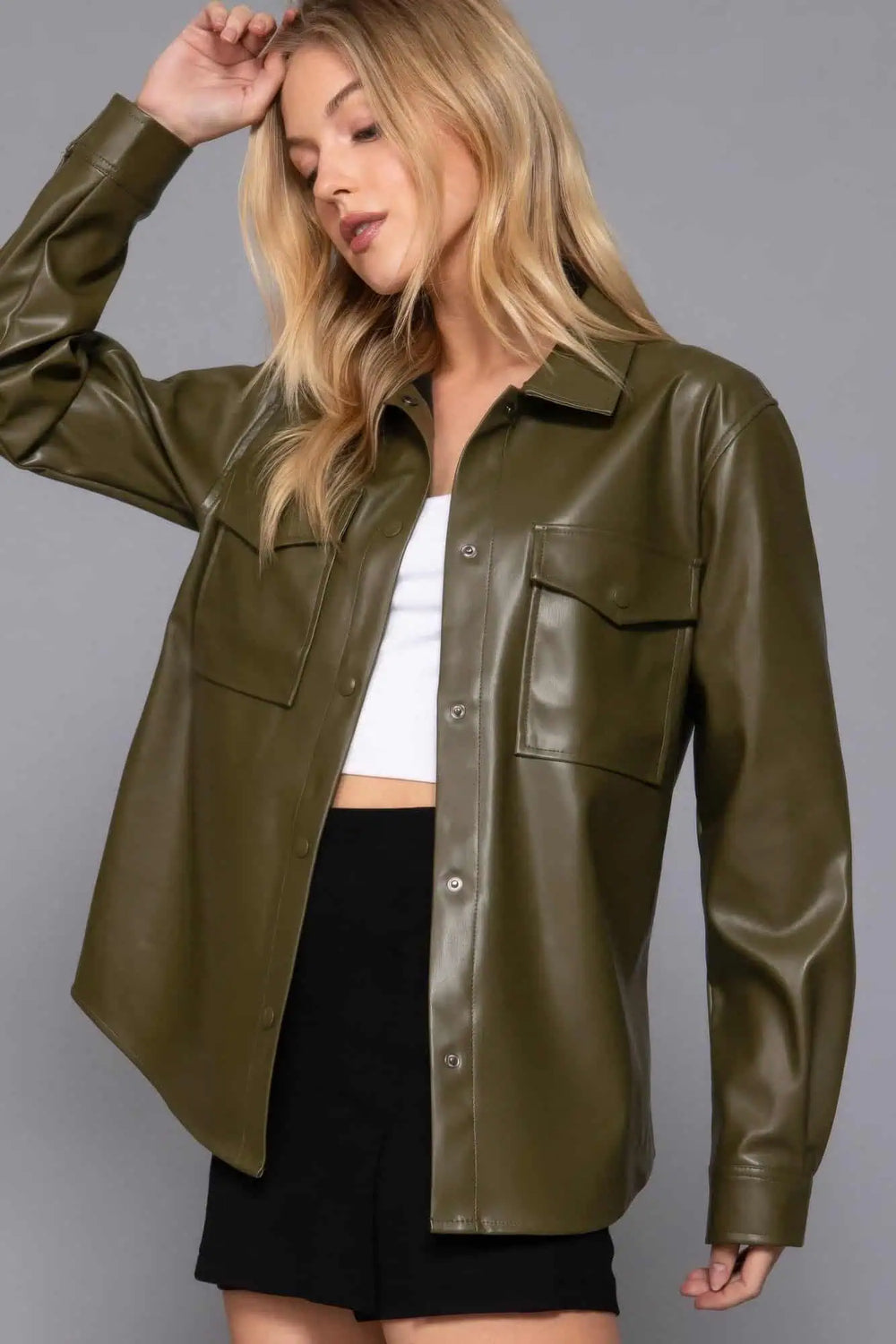 Long Sleeve Vegan Leather Shacket Tops