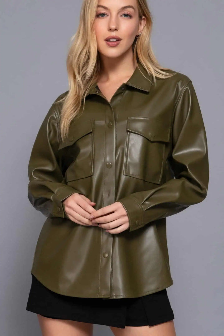 Long Sleeve Vegan Leather Shacket Tops