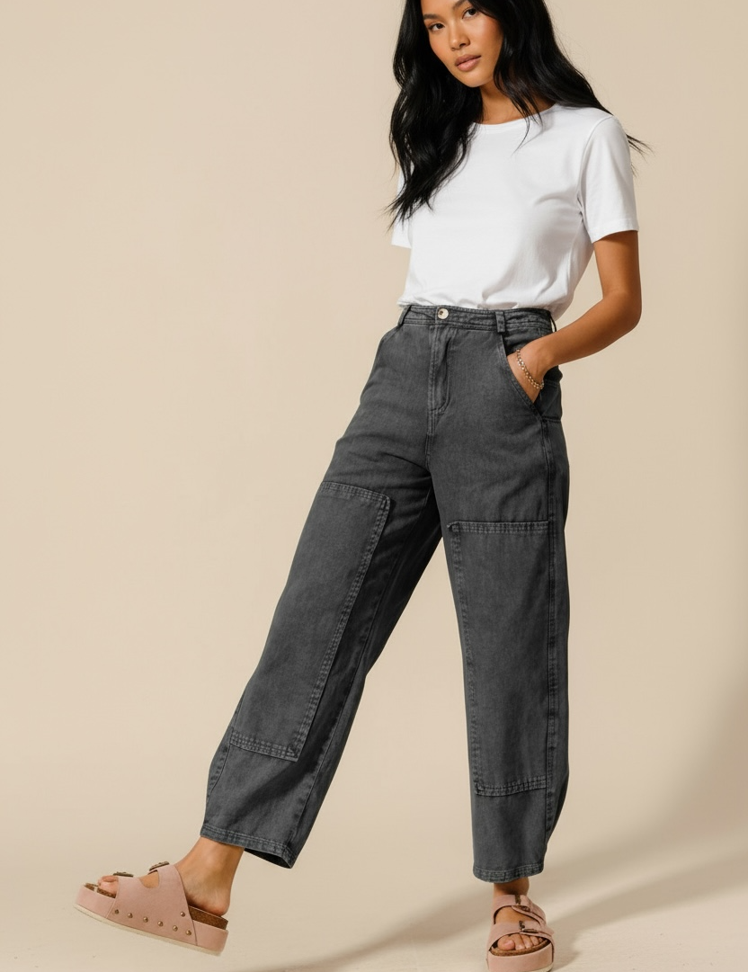 SO ME Mineral Washed Mid Rise Barrel Shape Pants | Jeans Daverri Fashions