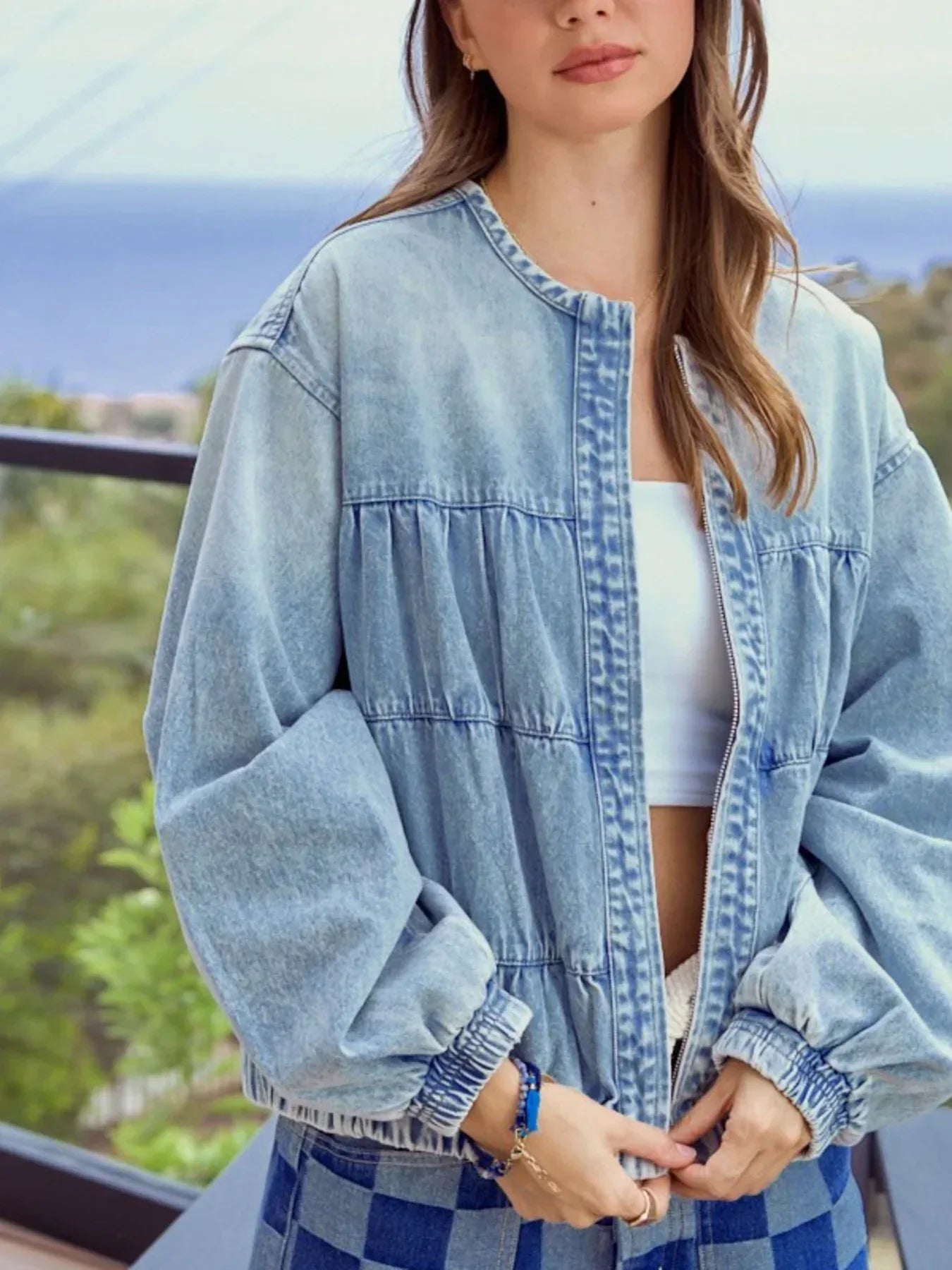 Washed Zip Up Denim Jacket - DAVERRI FASHIONS