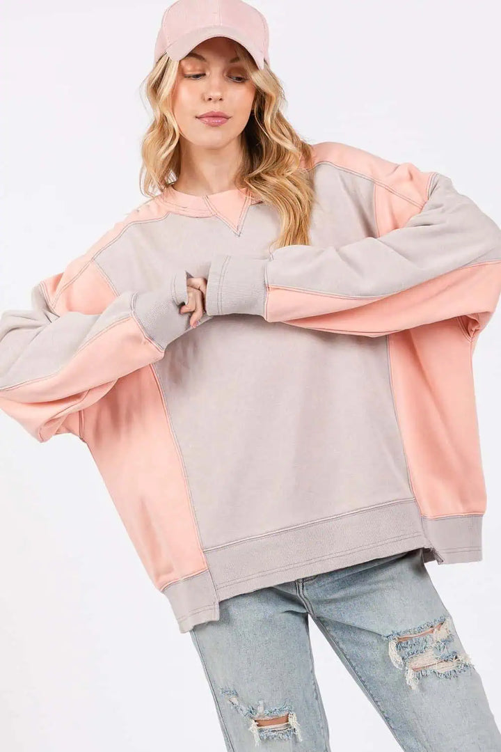 SAGE + FIG Color Block Round Neck Sweatshirt Tops