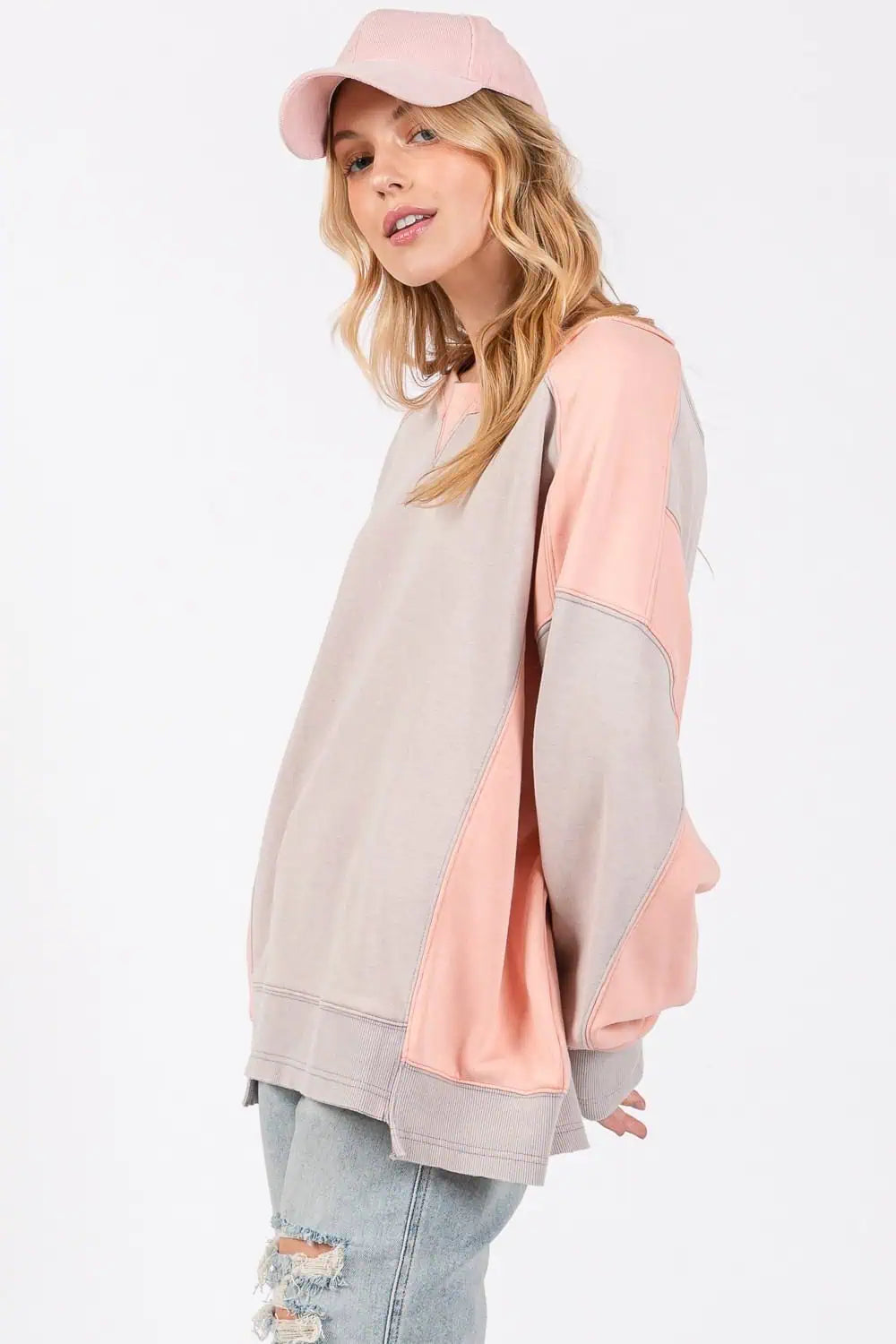 SAGE + FIG Color Block Round Neck Sweatshirt Tops