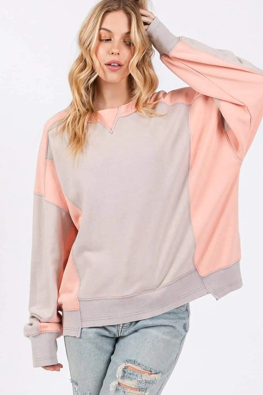 SAGE + FIG Color Block Round Neck Sweatshirt Tops