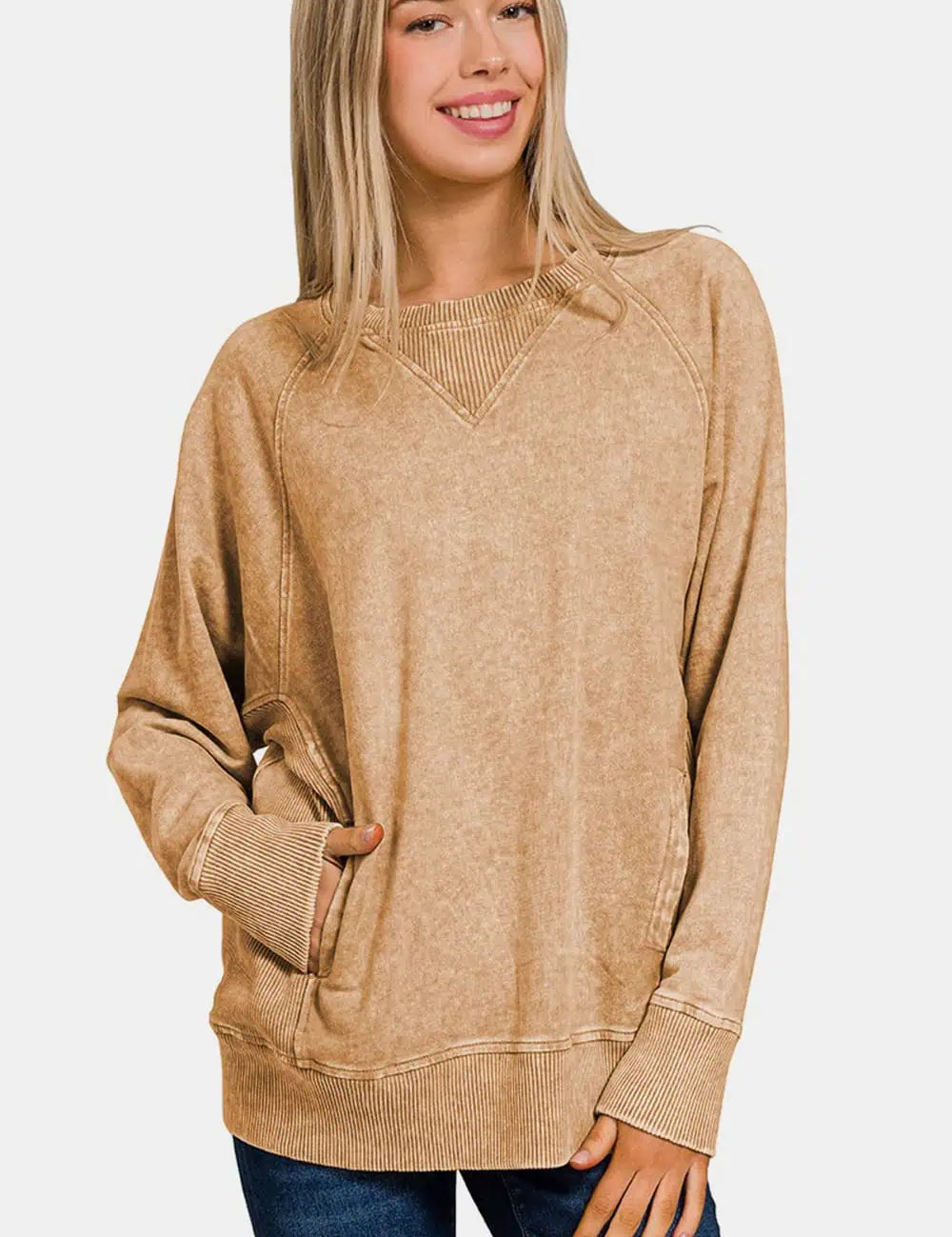 Pocketed Round Neck Sweatshirt Tops