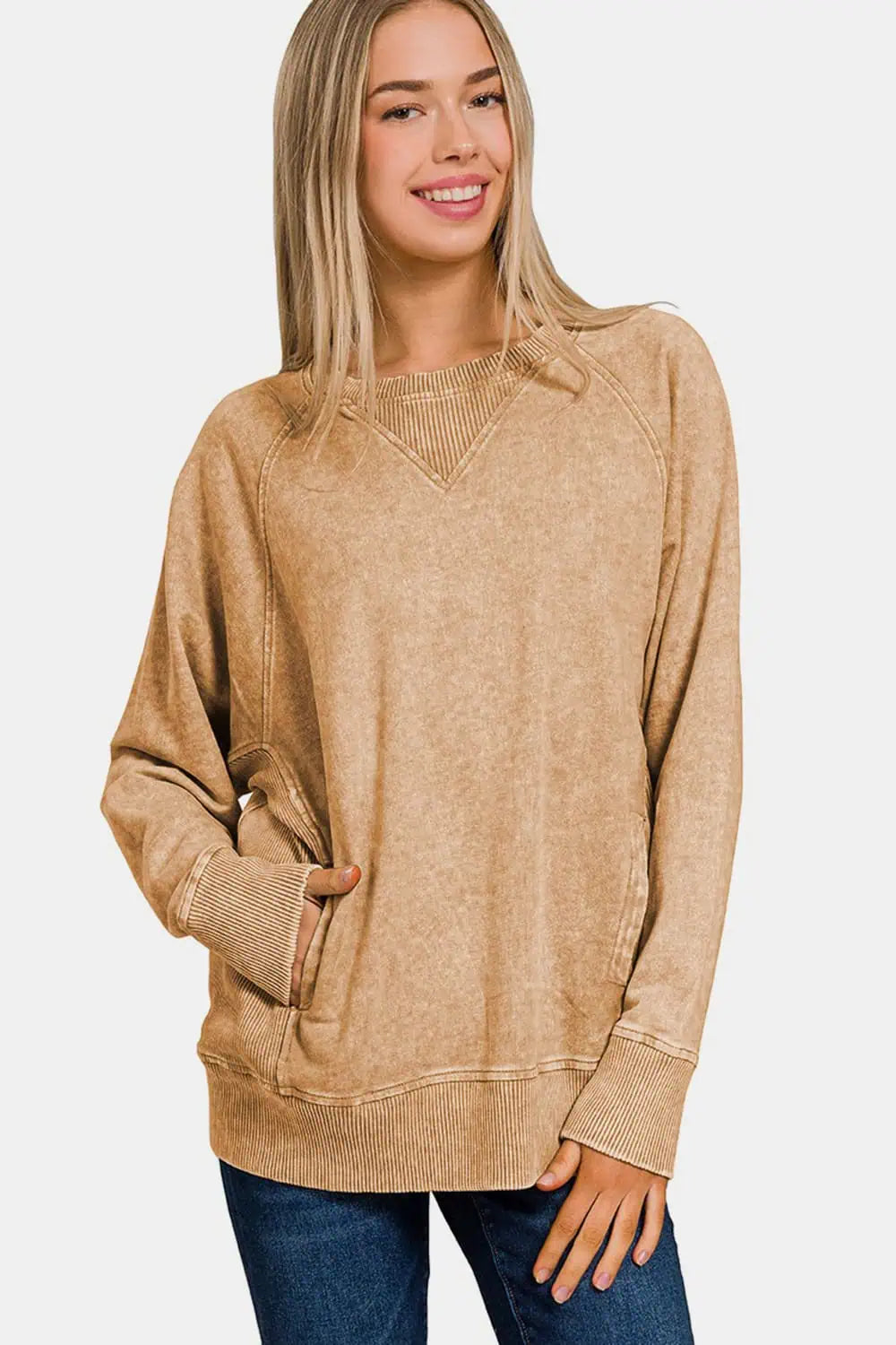 Pocketed Round Neck Sweatshirt Tops