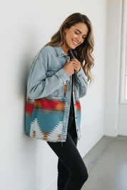 Printed Botton Down Long Sleeve Denim Jacket | Denim Jackets Daverri Fashions