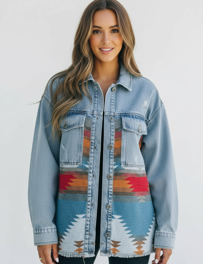 Printed Botton Down Long Sleeve Denim Jacket | Denim Jackets Daverri Fashions