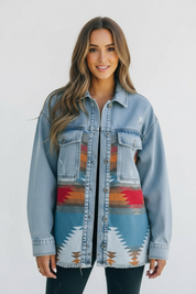 Printed Botton Down Long Sleeve Denim Jacket | Denim Jackets Daverri Fashions