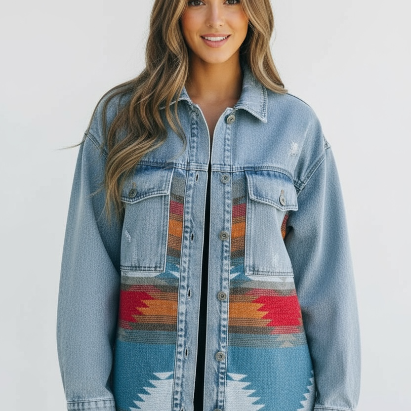 Printed Botton Down Long Sleeve Denim Jacket | Denim Jackets Daverri Fashions