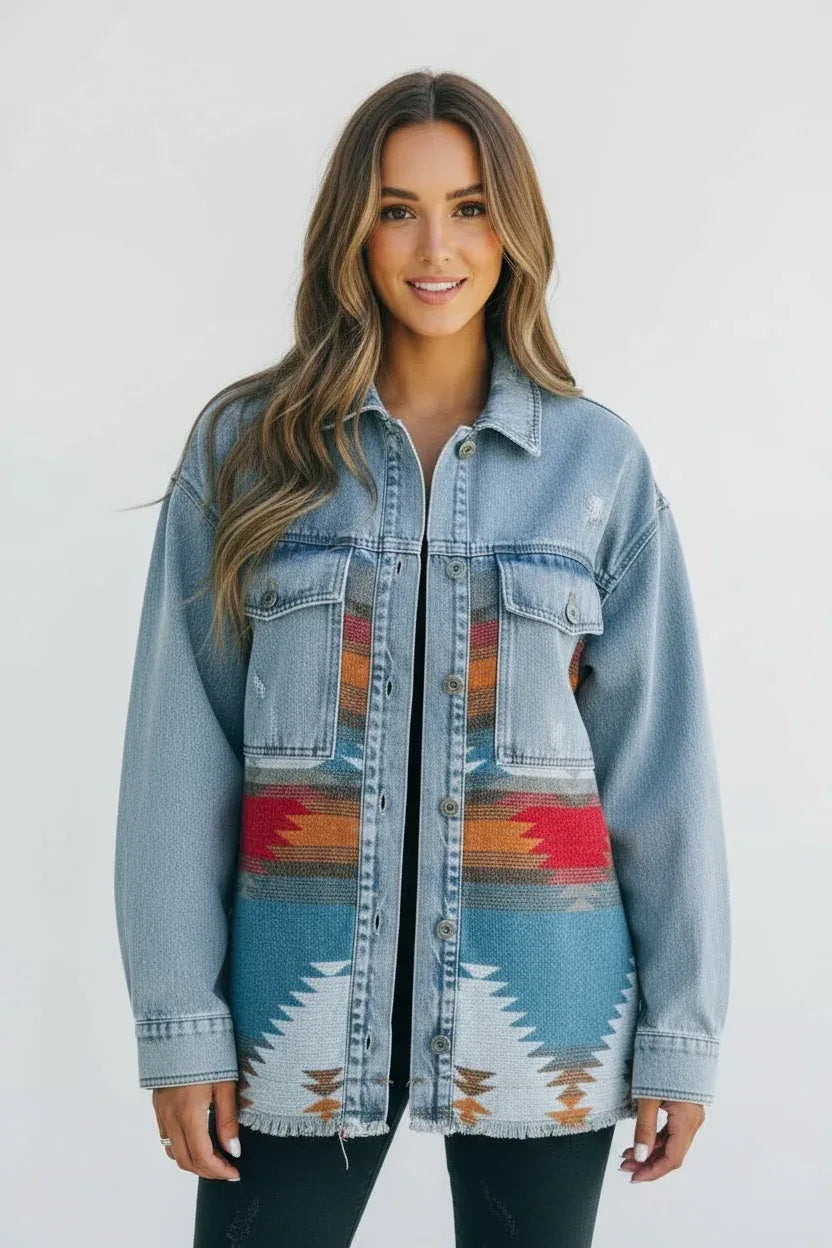 Printed Botton Down Long Sleeve Denim Jacket - DAVERRI FASHIONS