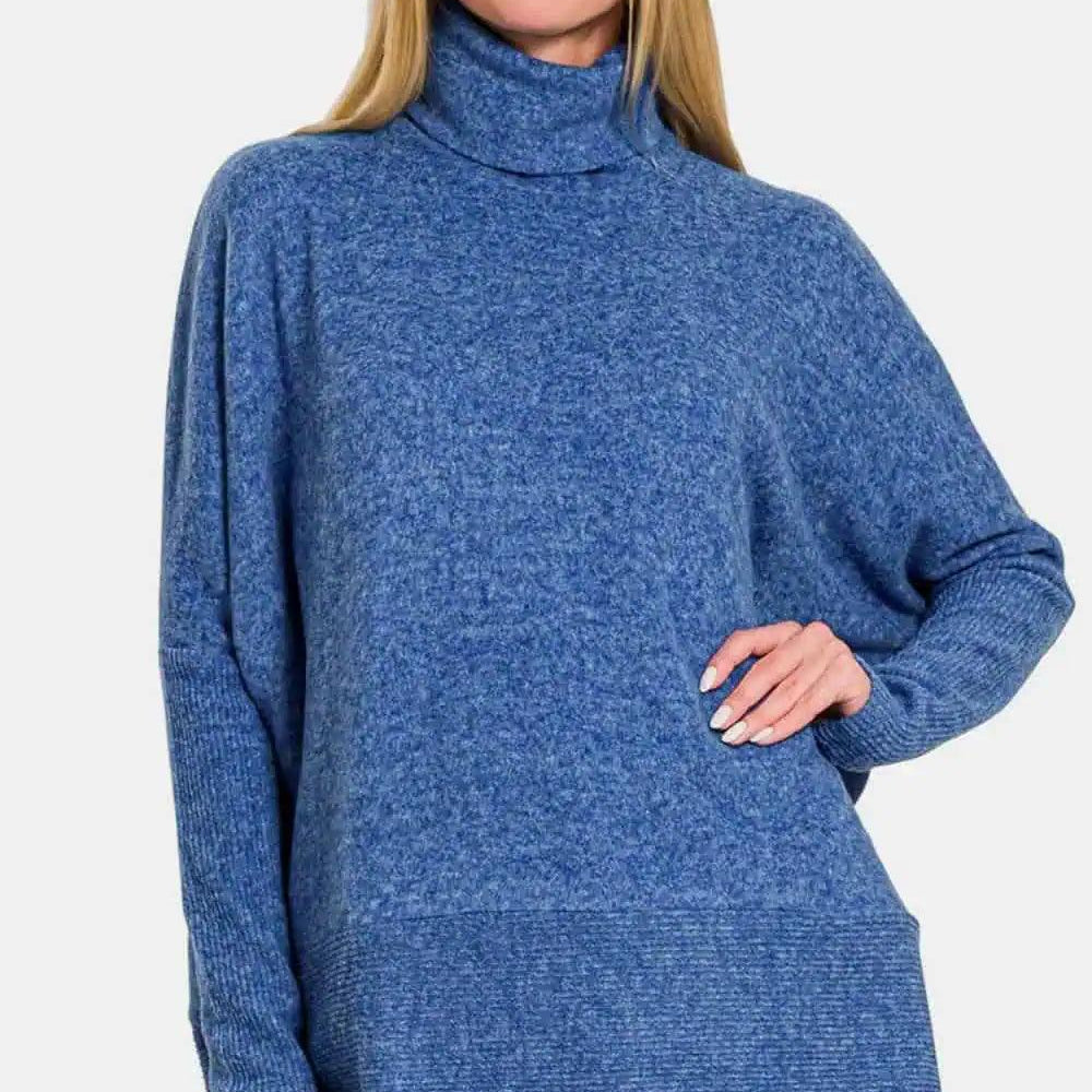 Brushed Melange Hacci Blue Turtleneck Sweater | Sweaters Daverri Fashions