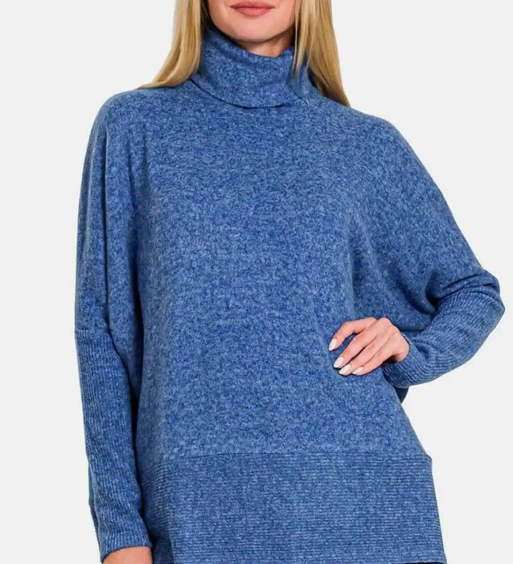 Brushed Melange Hacci Blue Turtleneck Sweater | Sweaters Daverri Fashions