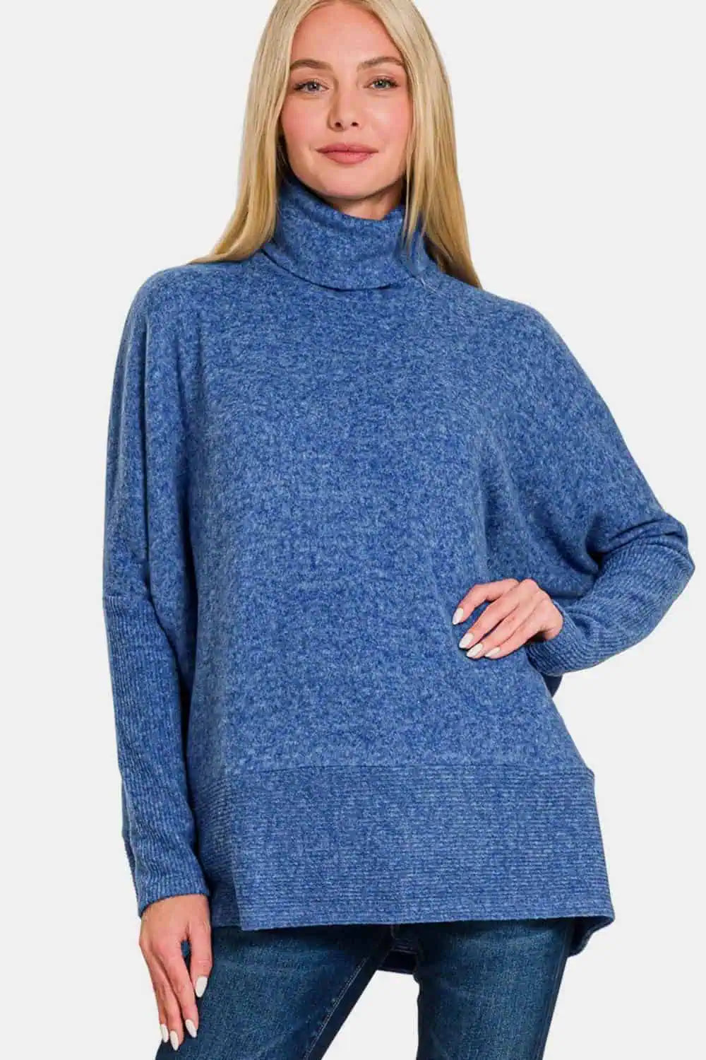 Brushed Melange Hacci Blue Turtleneck Sweater Sweaters