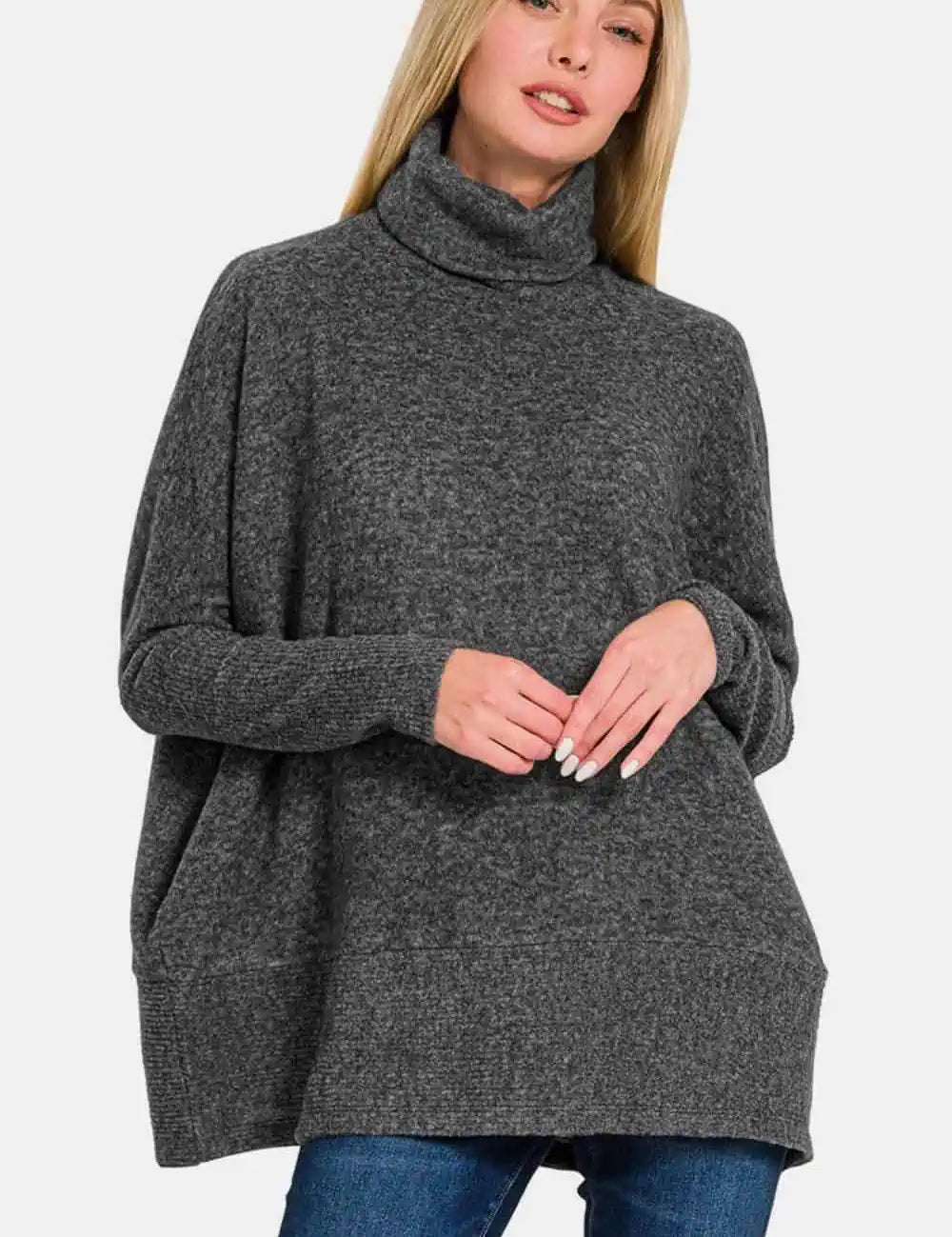 Brushed Melange Hacci Black Turtleneck Sweater Sweaters