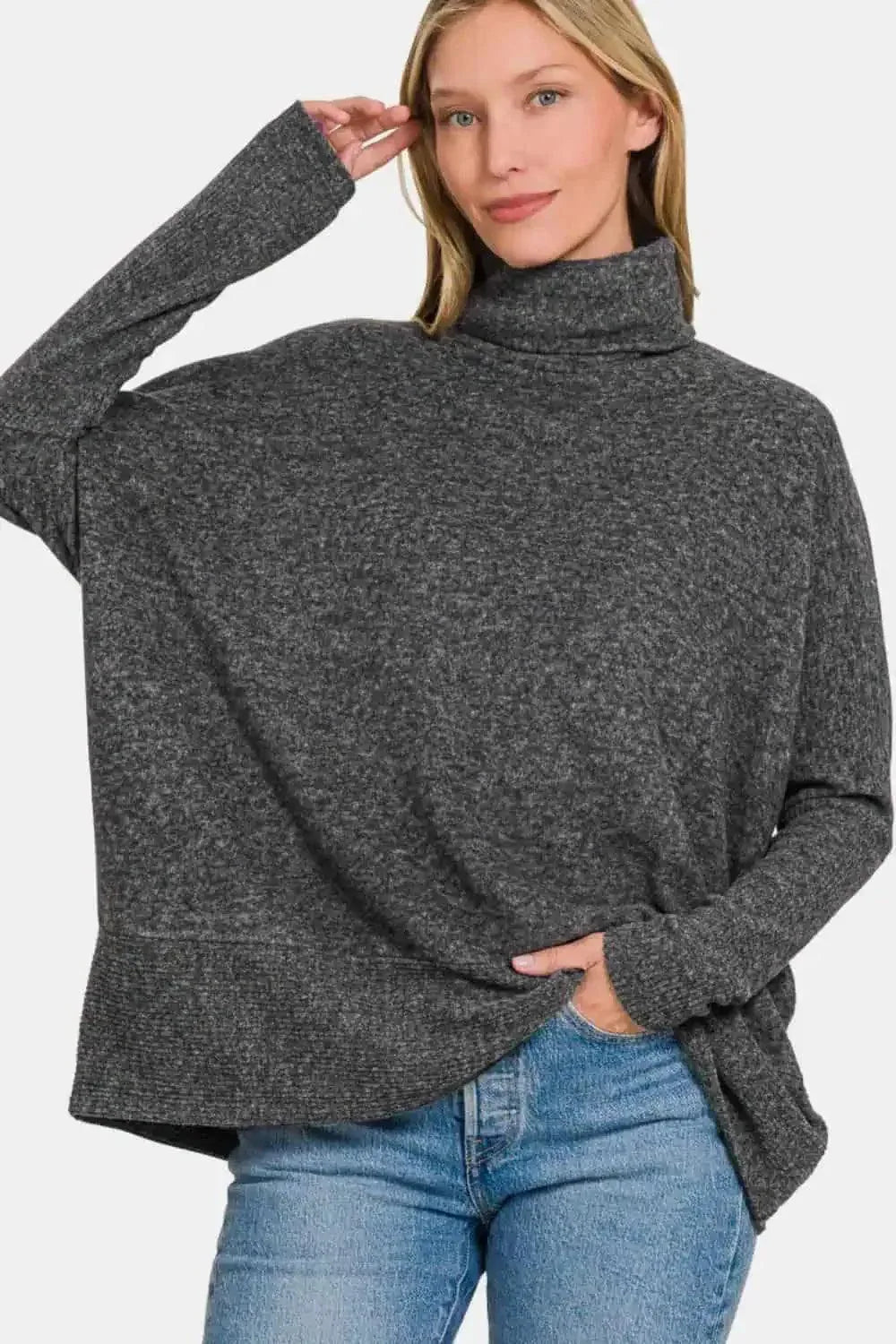 Brushed Melange Hacci Black Turtleneck Sweater - DAVERRI FASHIONS