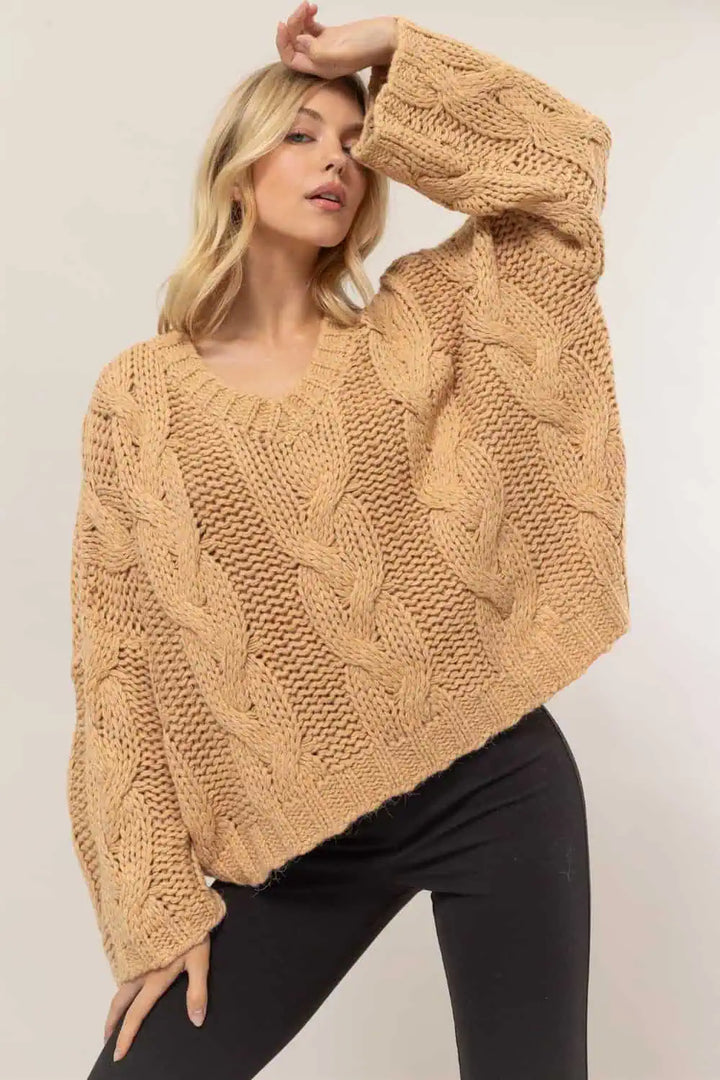 HYFVE Taupe Cable Knit V-Neck Sweater Tops