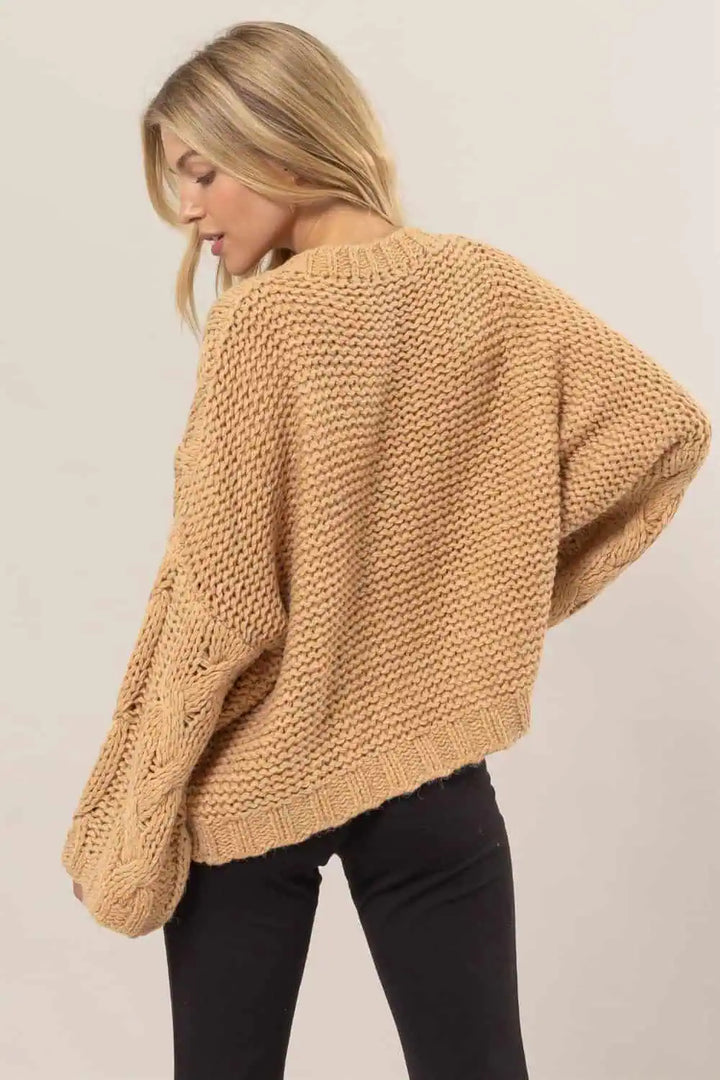 HYFVE Taupe Cable Knit V-Neck Sweater Tops