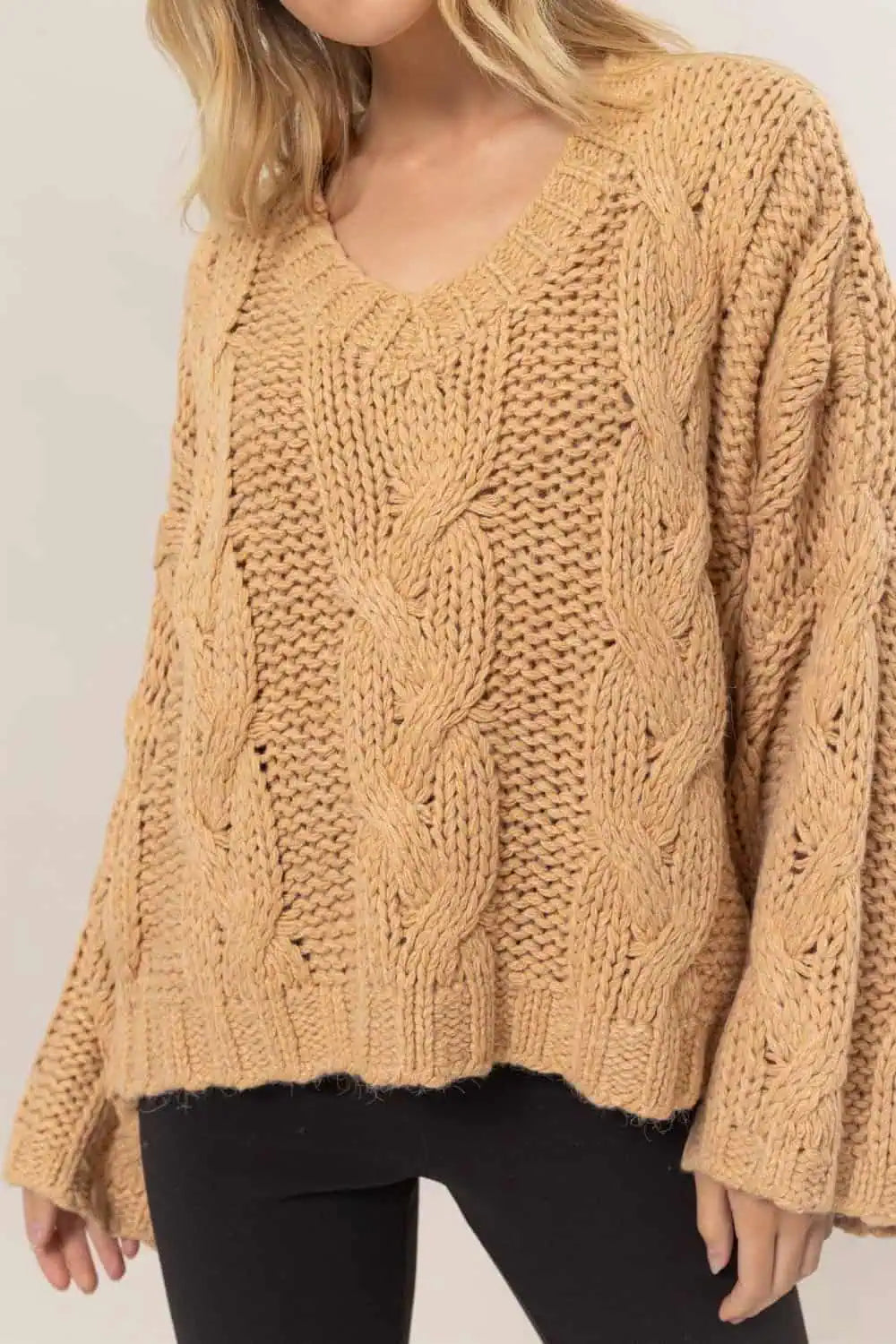 HYFVE Taupe Cable Knit V-Neck Sweater