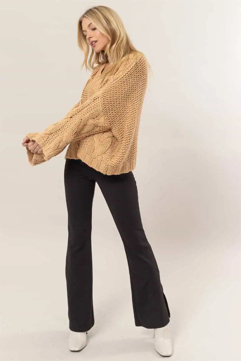 HYFVE Taupe Cable Knit V-Neck Sweater Tops