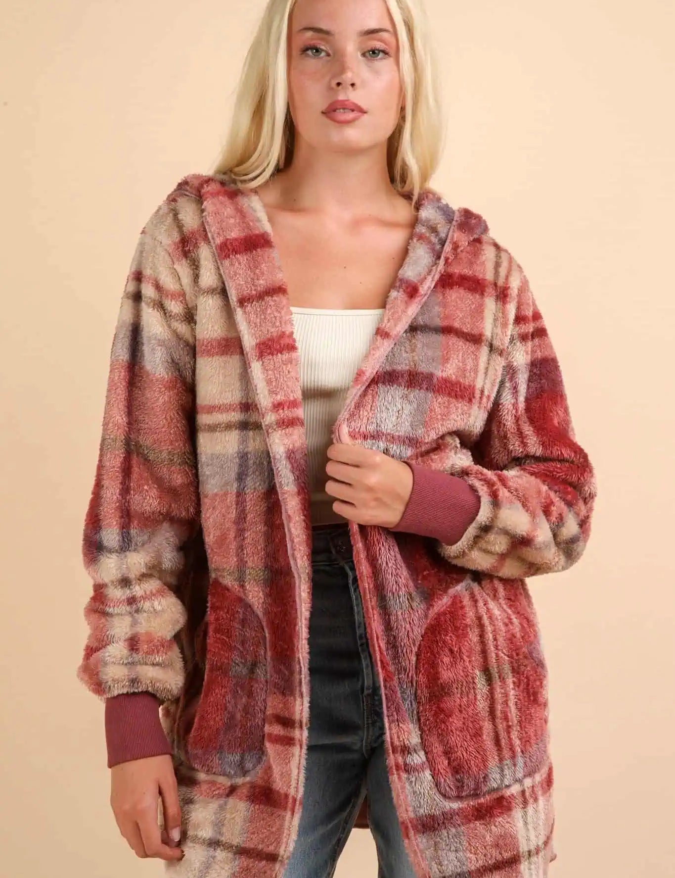 VERY J Fuzzy Plaid Long Sleeve Hooded Jacket Tops