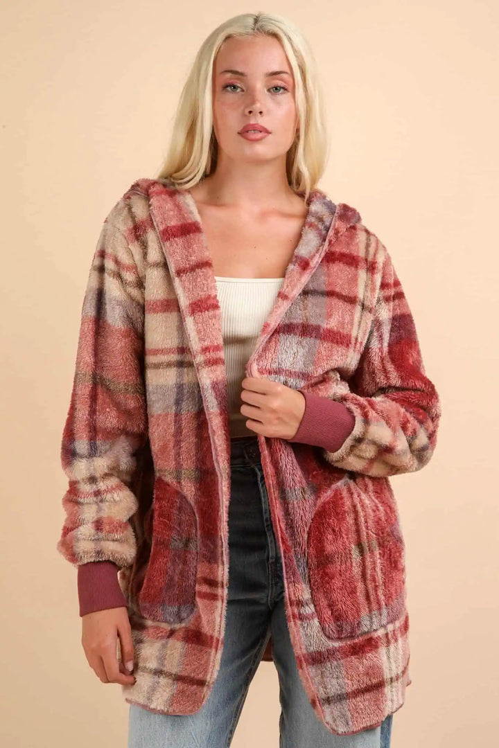 VERY J Fuzzy Plaid Long Sleeve Hooded Jacket Tops