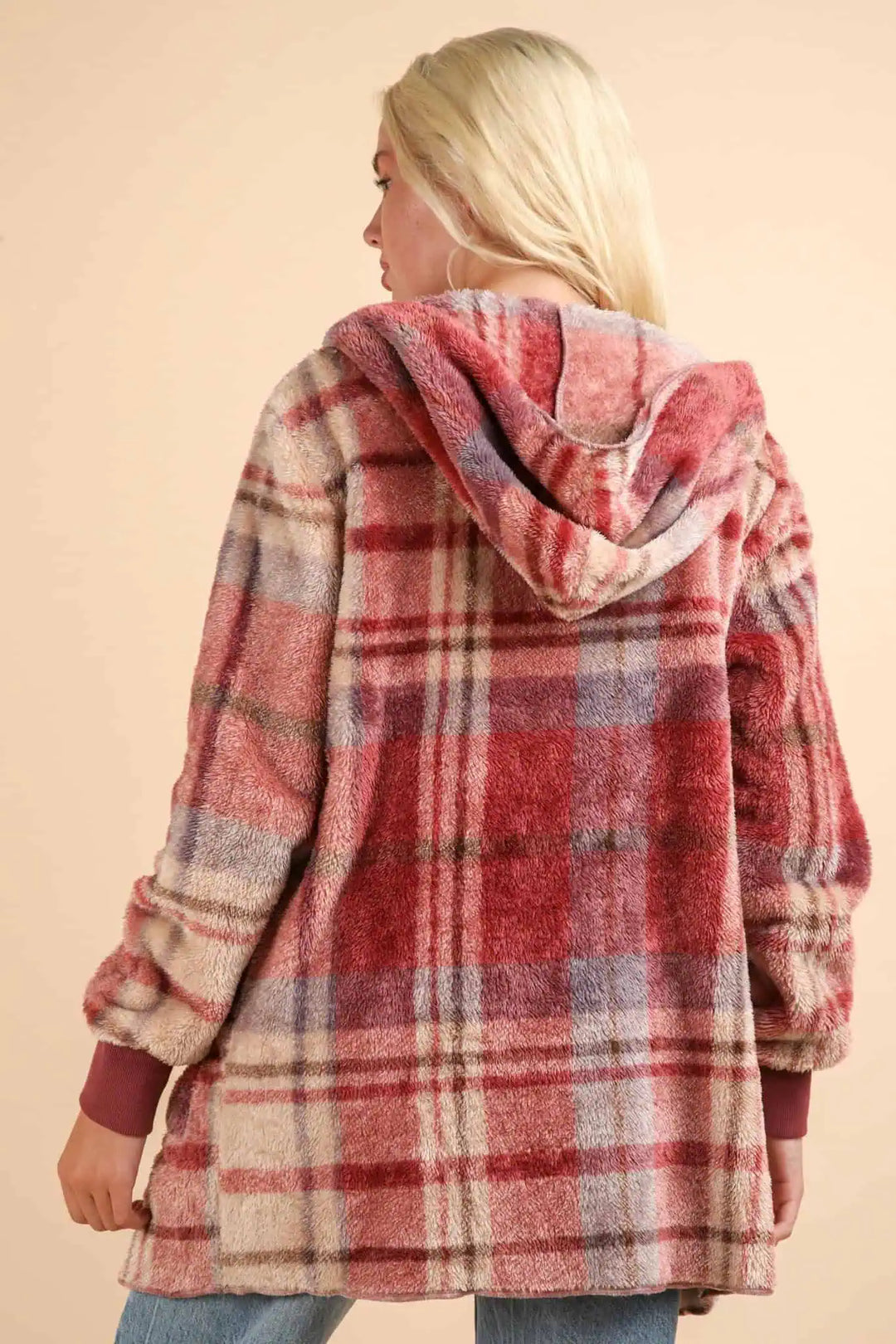 VERY J Fuzzy Plaid Long Sleeve Hooded Jacket Tops