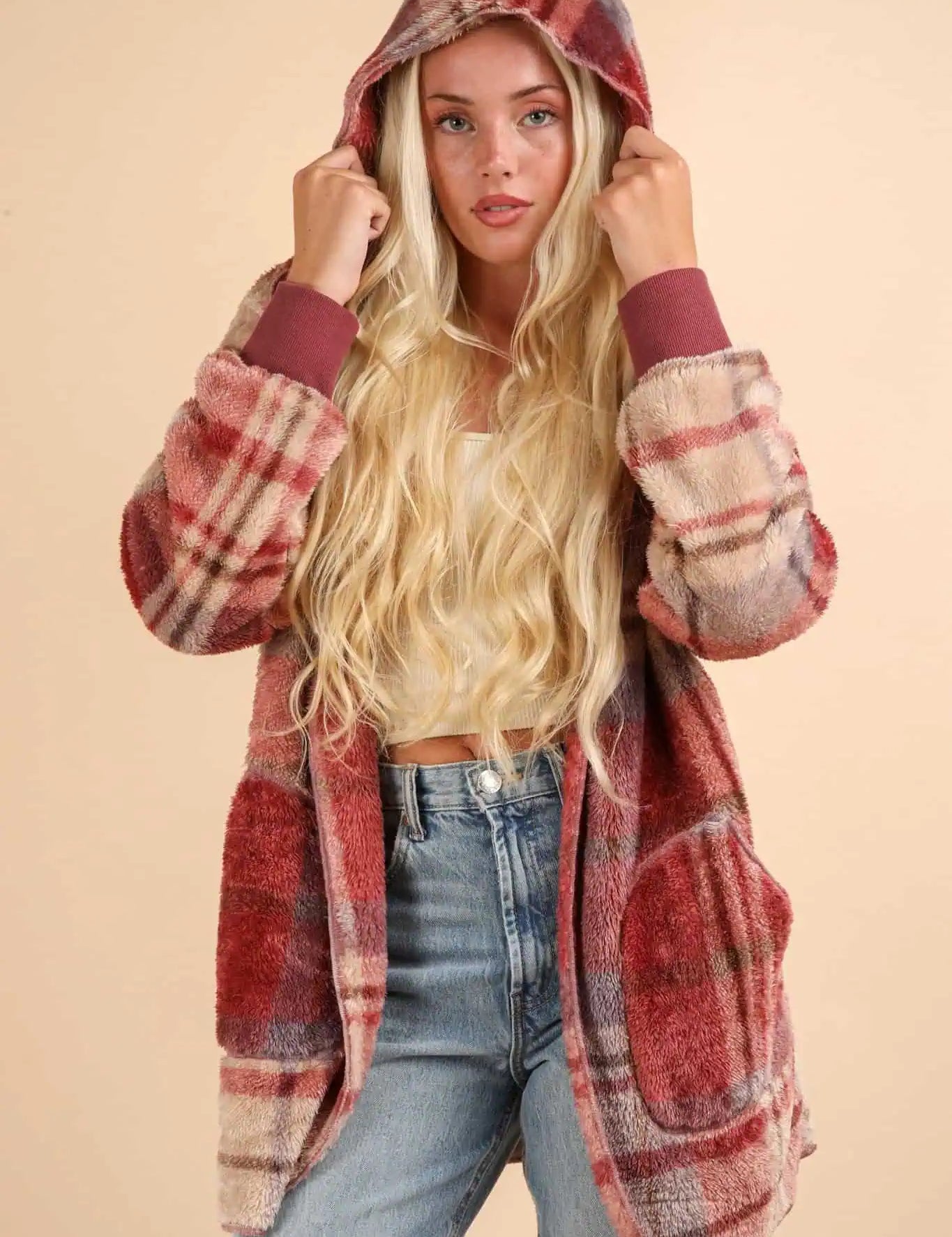 VERY J Fuzzy Plaid Long Sleeve Hooded Jacket Tops