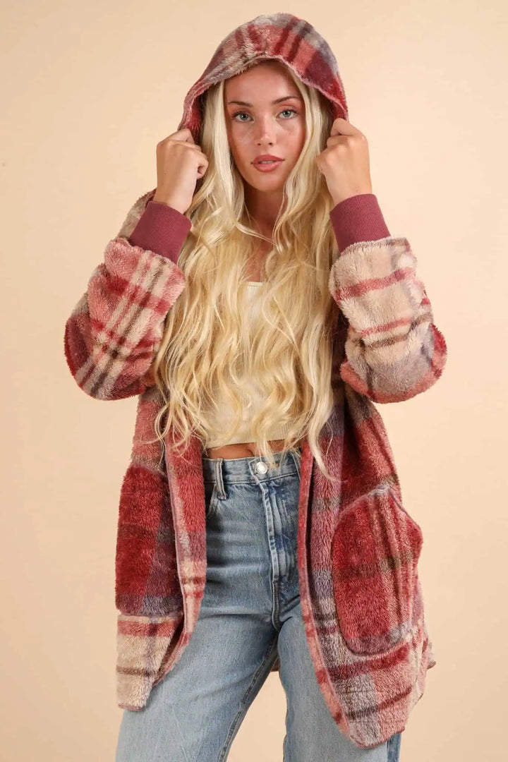 VERY J Fuzzy Plaid Long Sleeve Hooded Jacket Tops