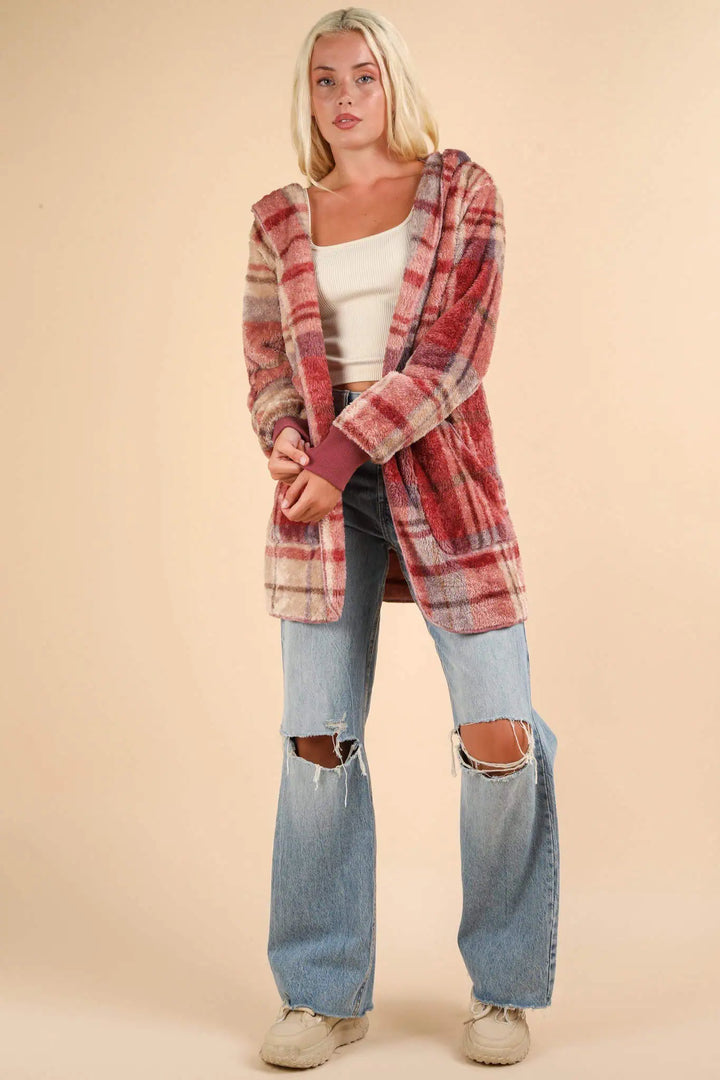 VERY J Fuzzy Plaid Long Sleeve Hooded Jacket Tops