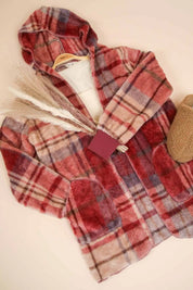 VERY J Fuzzy Plaid Long Sleeve Hooded Jacket Tops