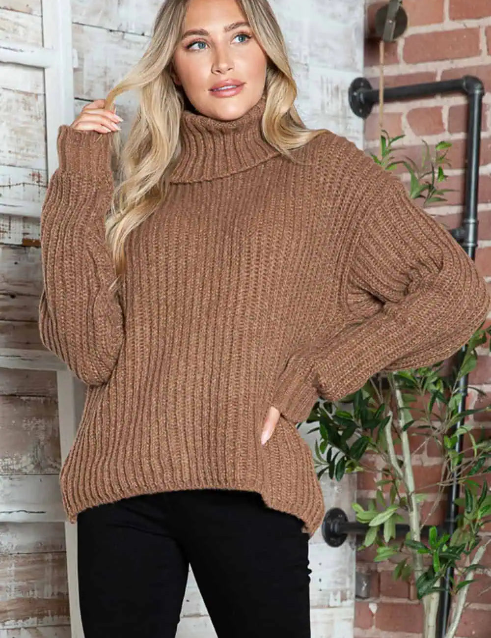 Turtleneck Dropped Shoulder Pullover Sweater | Sweaters Daverri Fashions