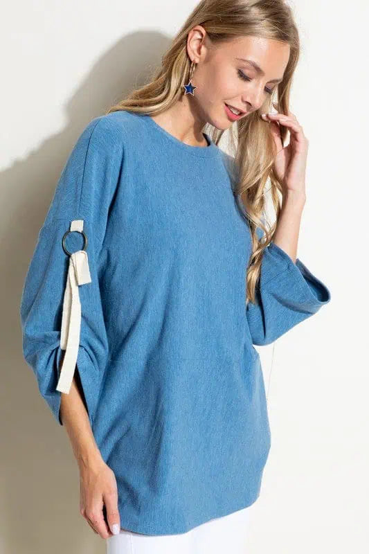 Brushed Terry Roll Up 3/4 Sleeve Top Tops