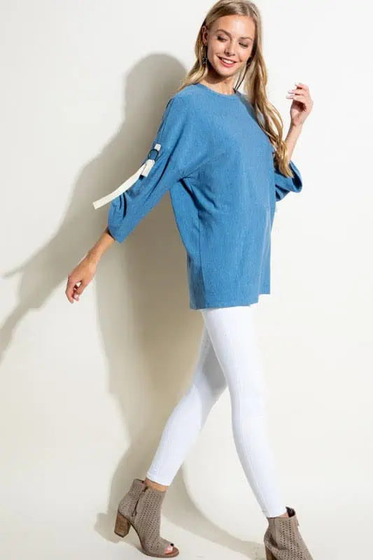 Brushed Terry Roll Up 3/4 Sleeve Top Tops