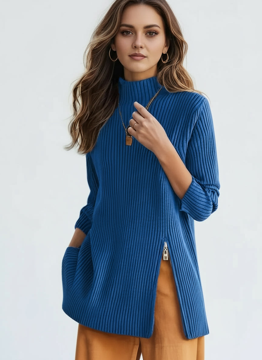 Ribbed Turtleneck Sweater with Side Slit Detail