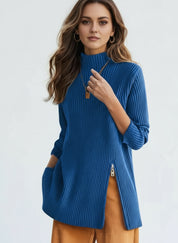Ribbed Turtleneck Sweater with Side Slit Detail