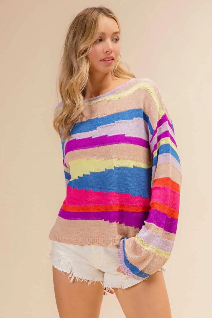 BiBi Multi Color Geometric Stripe Sweater Tops