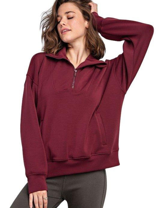 Modal Quarter Zip Funnel Neck Pullover Wine S Activewear